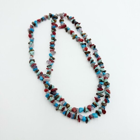 Vtg Southwestern Silver 925 Turquoise Nugget Gemstone Multi Strands Necklace - Picture 3 of 13